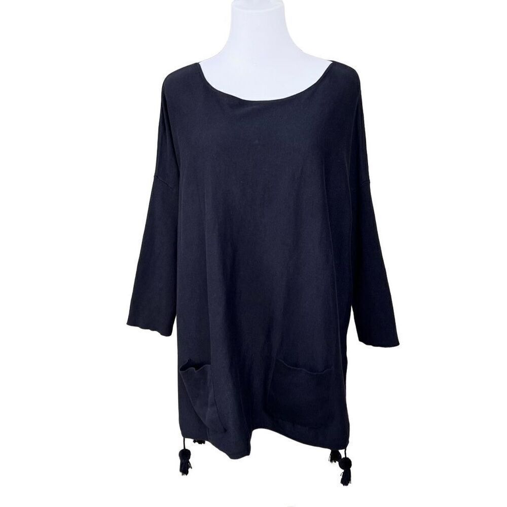 Lilly Pulitzer Elba Black Tunic Sweater LARGE‎ Pom Poms Coolmax Oversized Boho